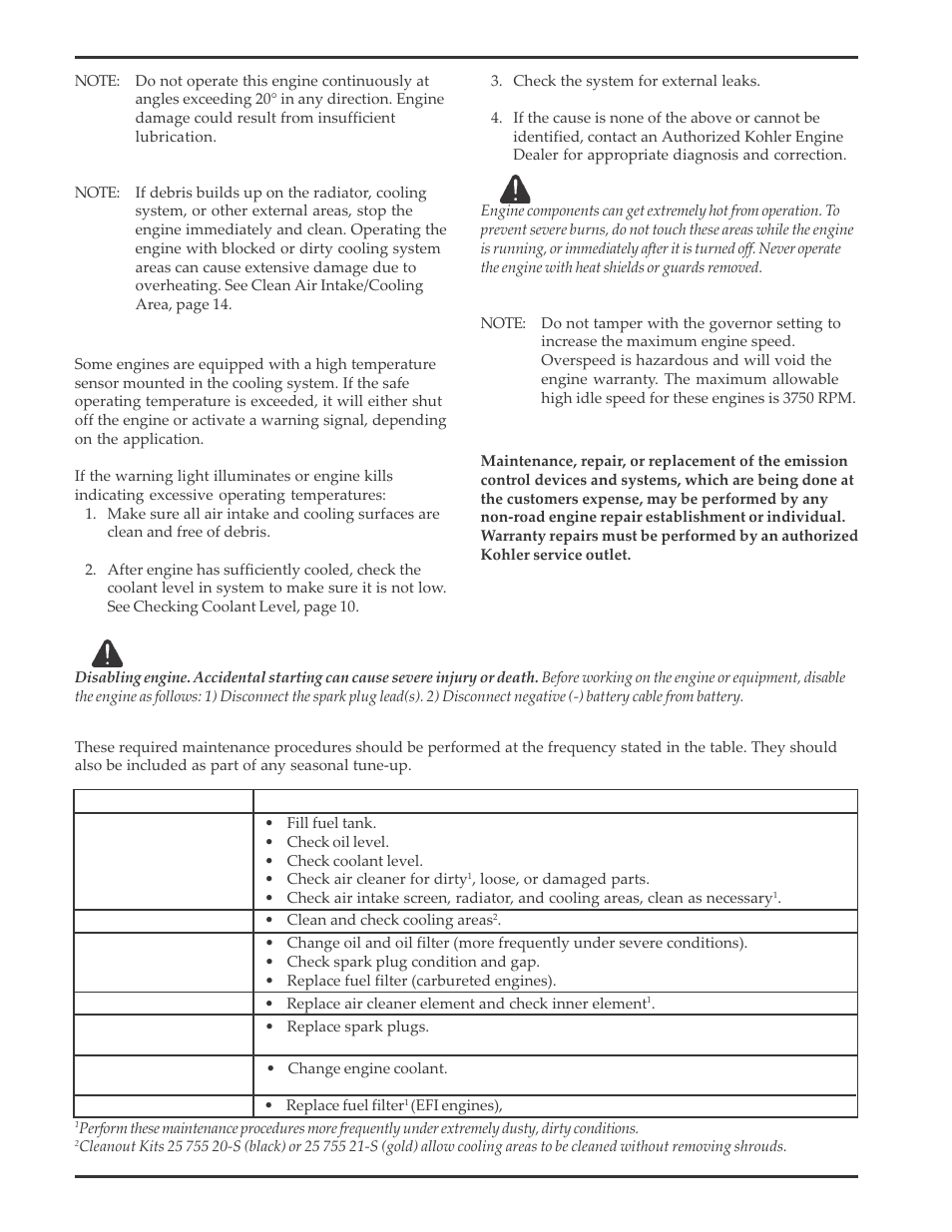 Maintenance instructions, High temperature sensor, Maintenance schedule | Kohler Aegis LH640 User Manual | Page 8 / 20