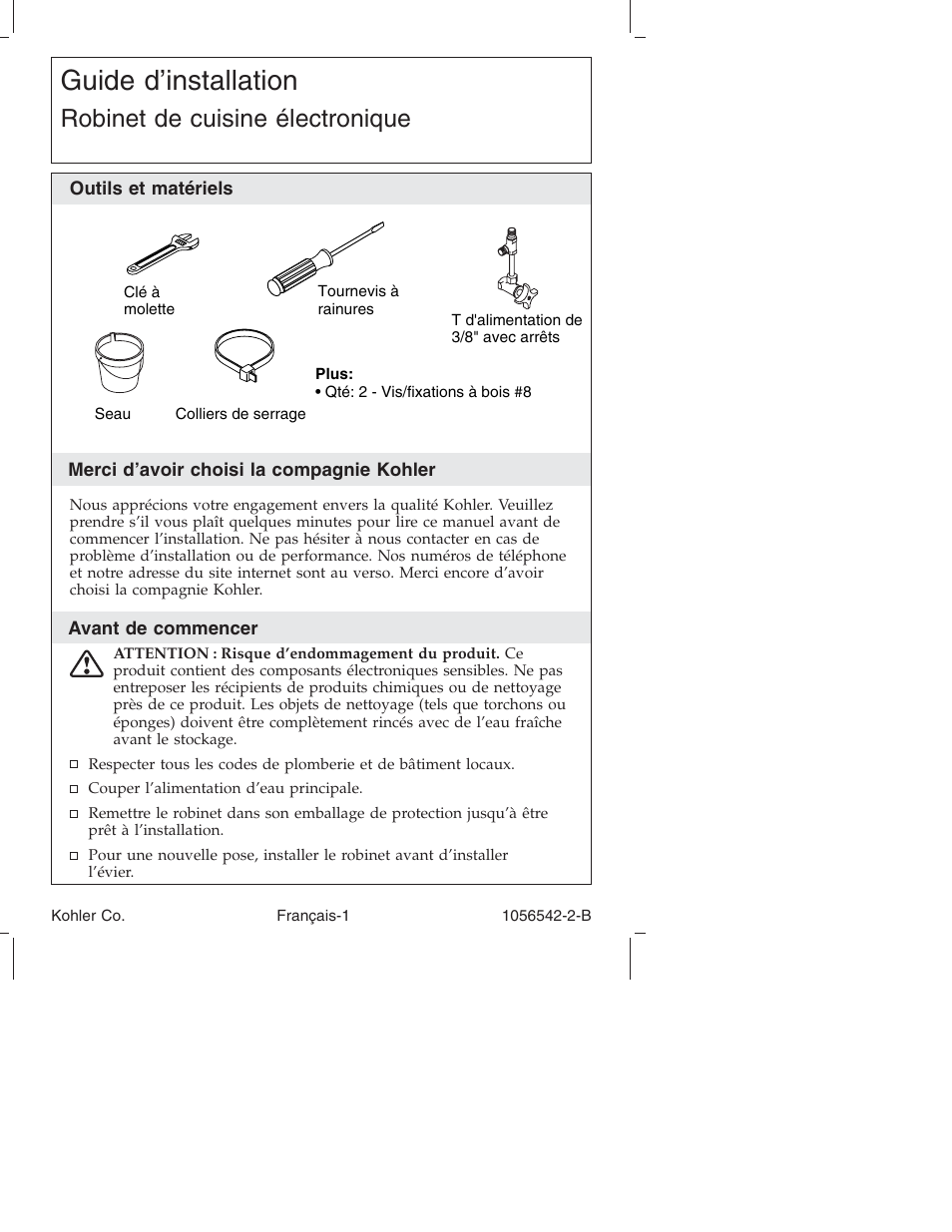 Guide d’installation, Robinet de cuisine électronique | Kohler K-10103 User Manual | Page 14 / 44