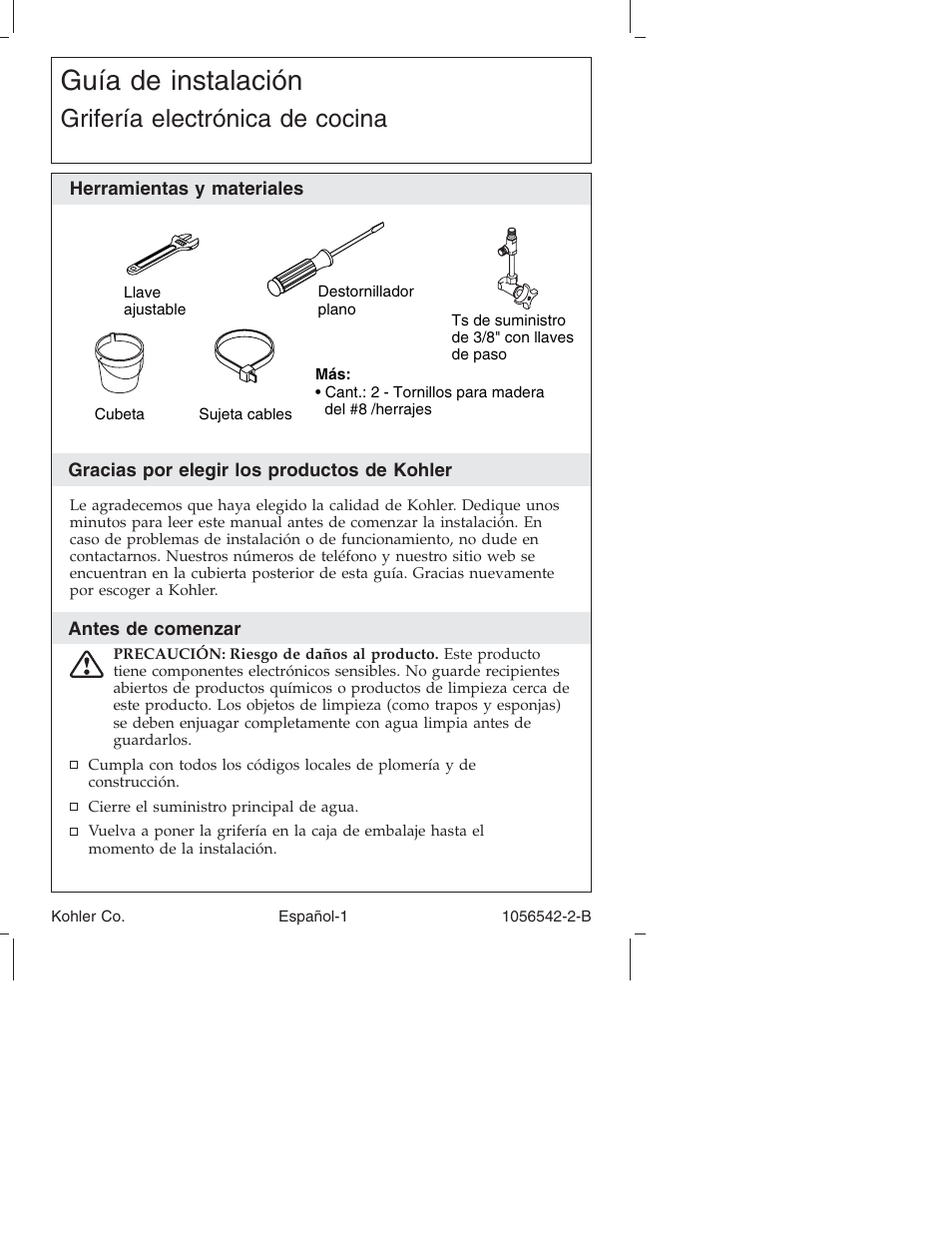 Guía de instalación, Grifería electrónica de cocina | Kohler K-10103 User Manual | Page 28 / 44
