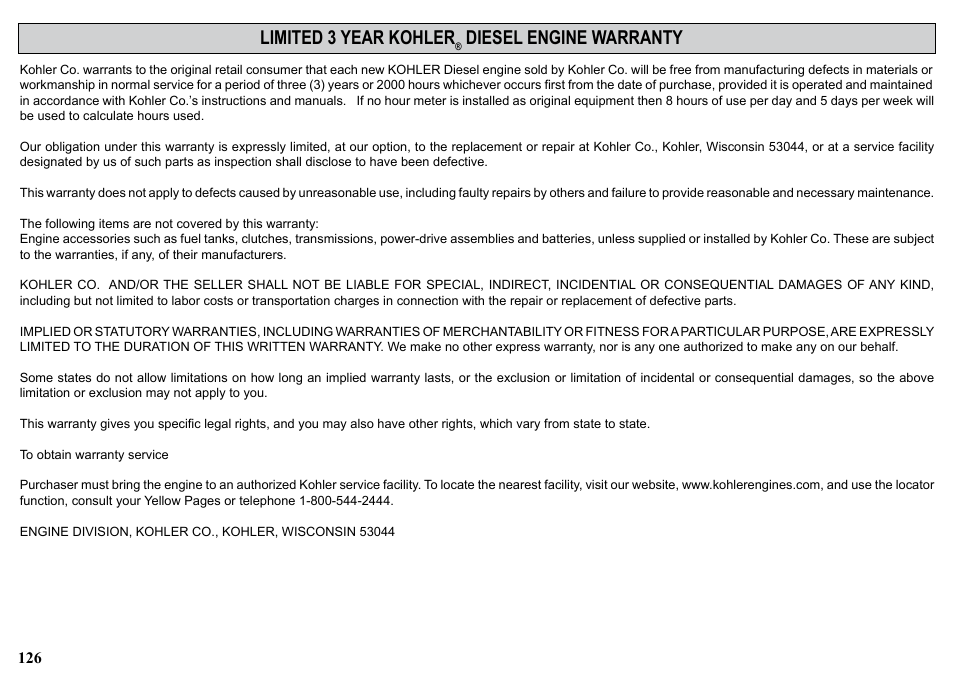 Limited 3 year kohler, Diesel engine warranty | Kohler KDW1003 User Manual | Page 126 / 152