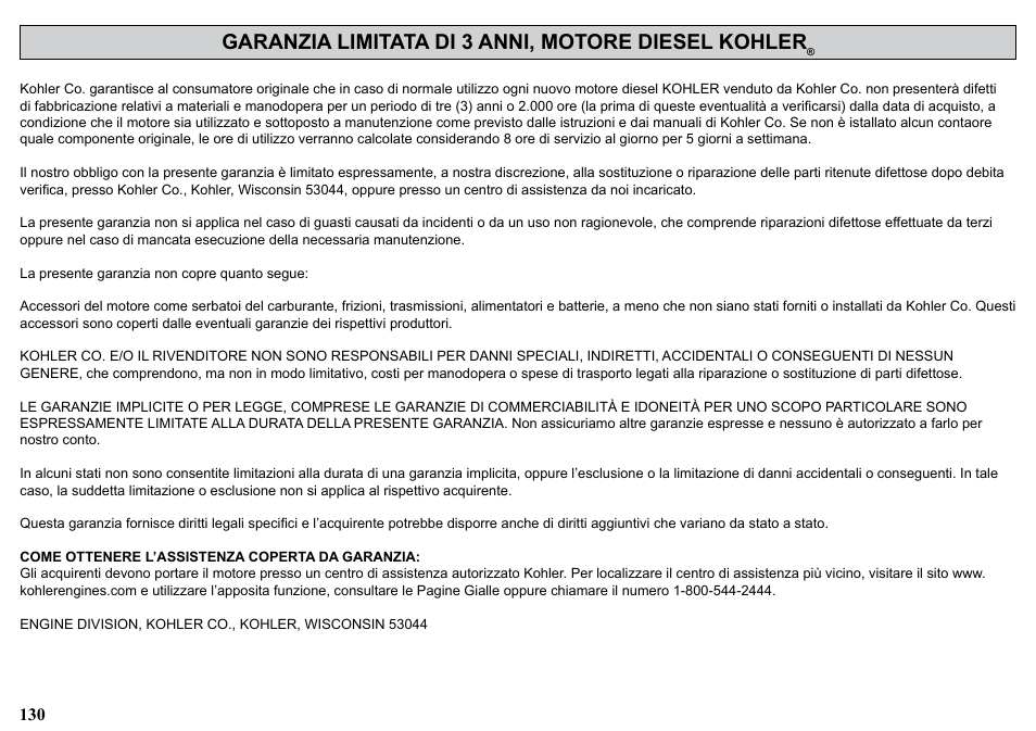 Garanzia limitata di 3 anni, motore diesel kohler | Kohler KDW1003 User Manual | Page 130 / 152