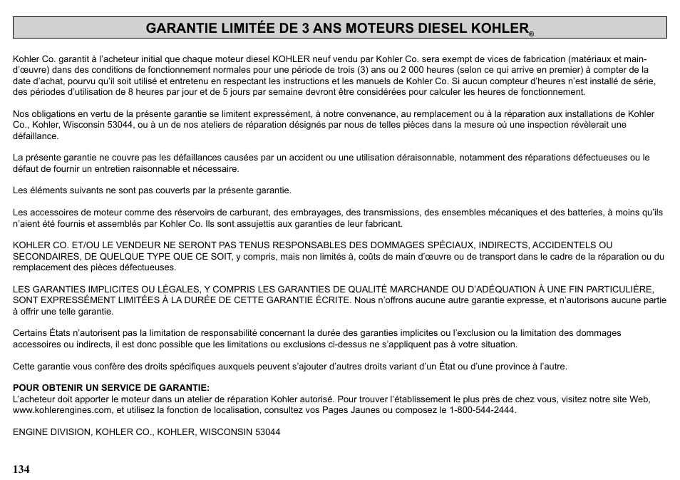 Garantie limitée de 3 ans moteurs diesel kohler | Kohler KDW1003 User Manual | Page 134 / 152