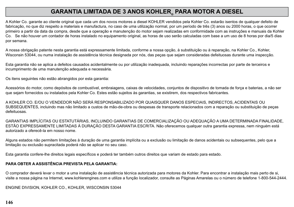 Garantia limitada de 3 anos kohler, Para motor a diesel | Kohler KDW1003 User Manual | Page 146 / 152