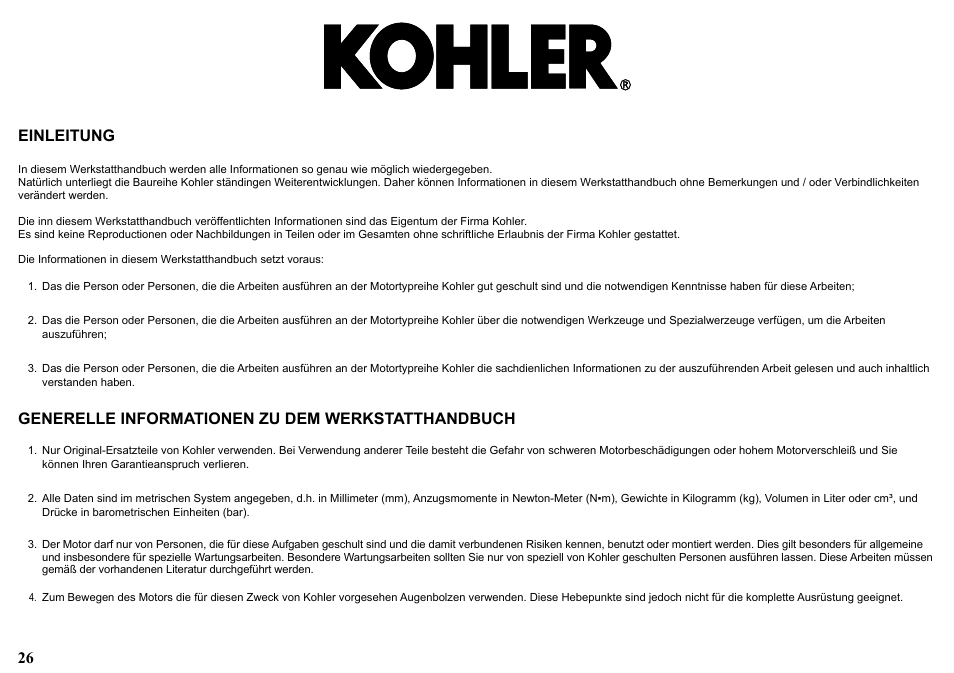 26 einleitung, Generelle informationen zu dem werkstatthandbuch | Kohler KDW1003 User Manual | Page 26 / 152