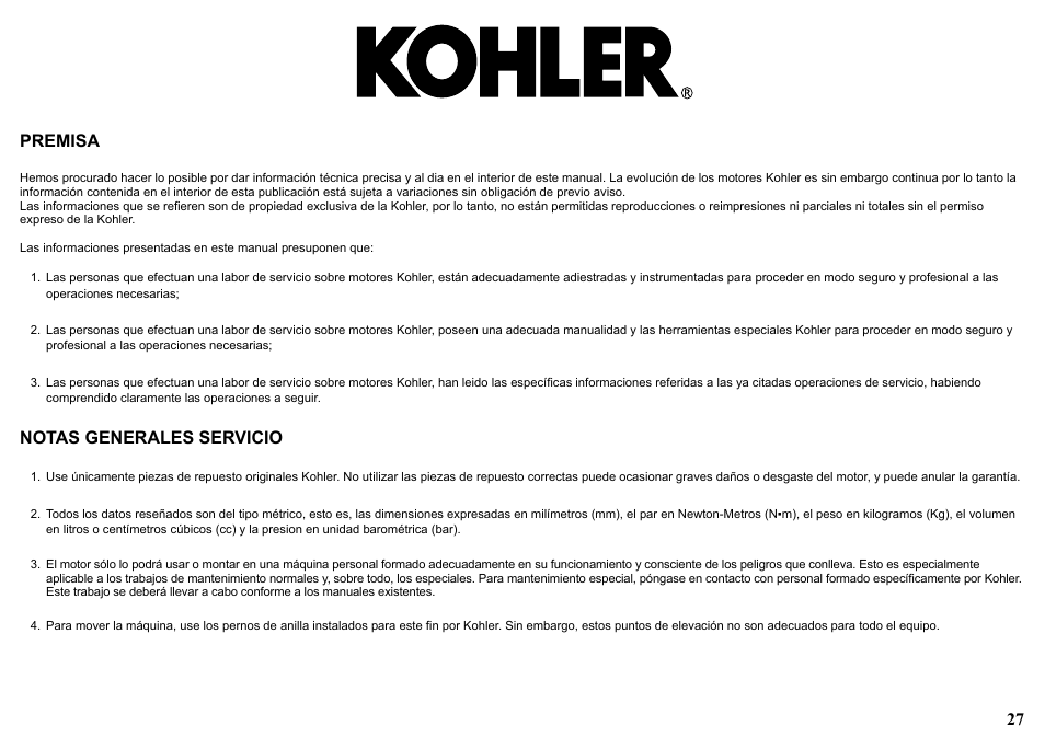 27 premisa, Notas generales servicio | Kohler KDW1003 User Manual | Page 27 / 152