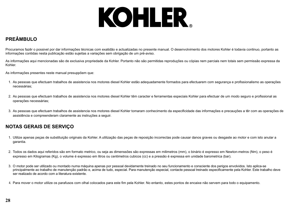 28 preâmbulo, Notas gerais de serviço | Kohler KDW1003 User Manual | Page 28 / 152