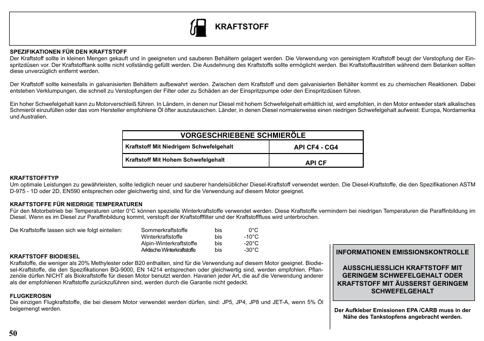 Kraftstoff | Kohler KDW1003 User Manual | Page 50 / 152