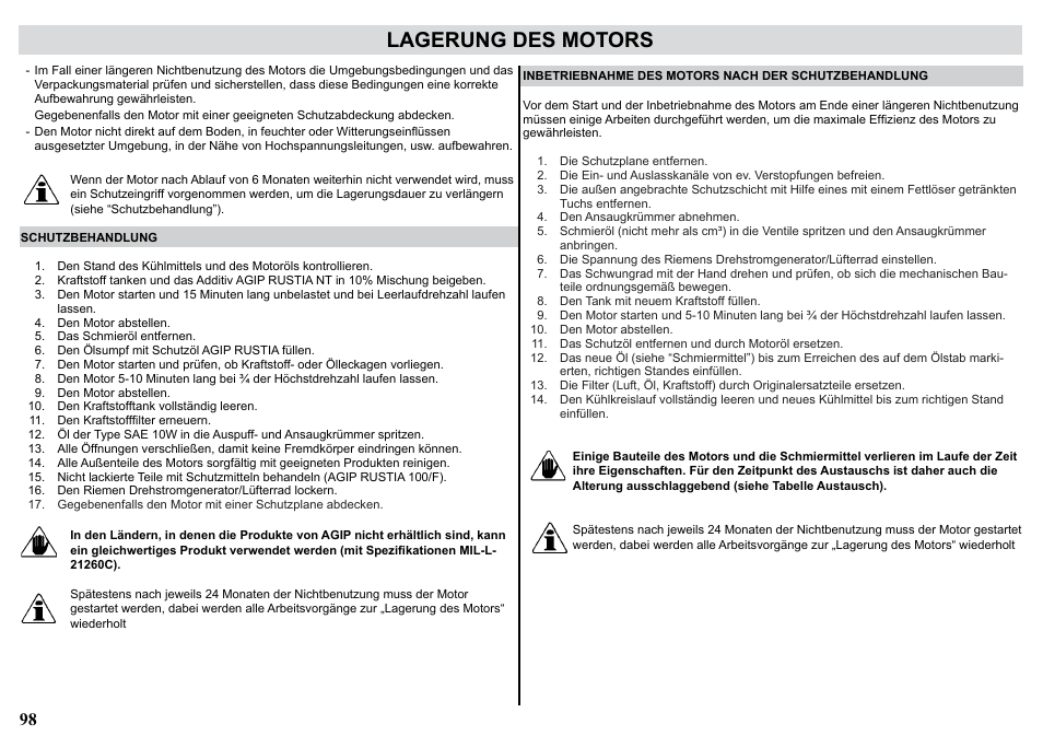 Lagerung des motors | Kohler KDW1003 User Manual | Page 98 / 152