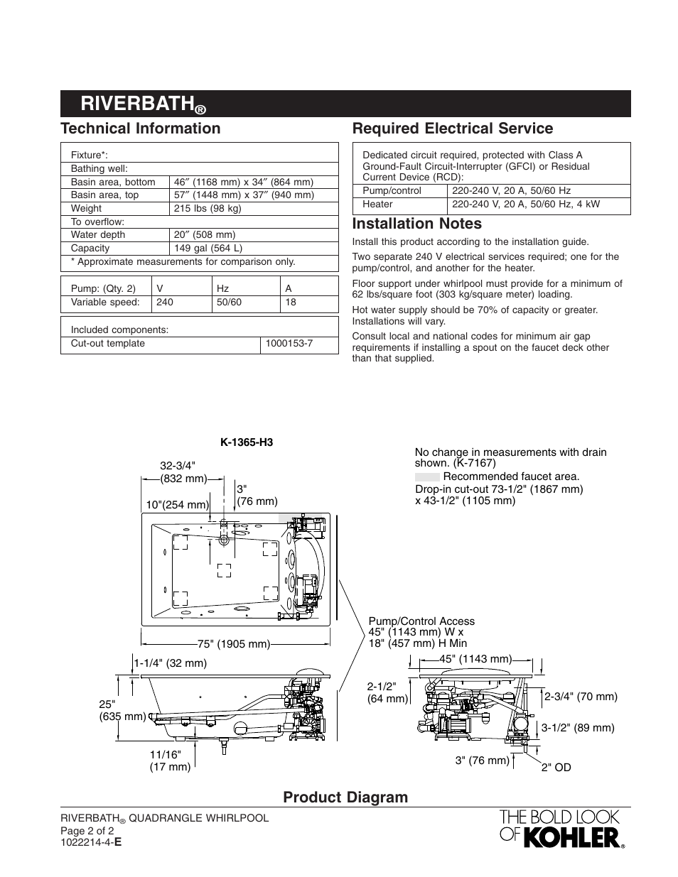 Riverbath, Technical information, Required electrical service | Product diagram | Kohler RiverBath Quadrangle K-1365-H3 User Manual | Page 2 / 2