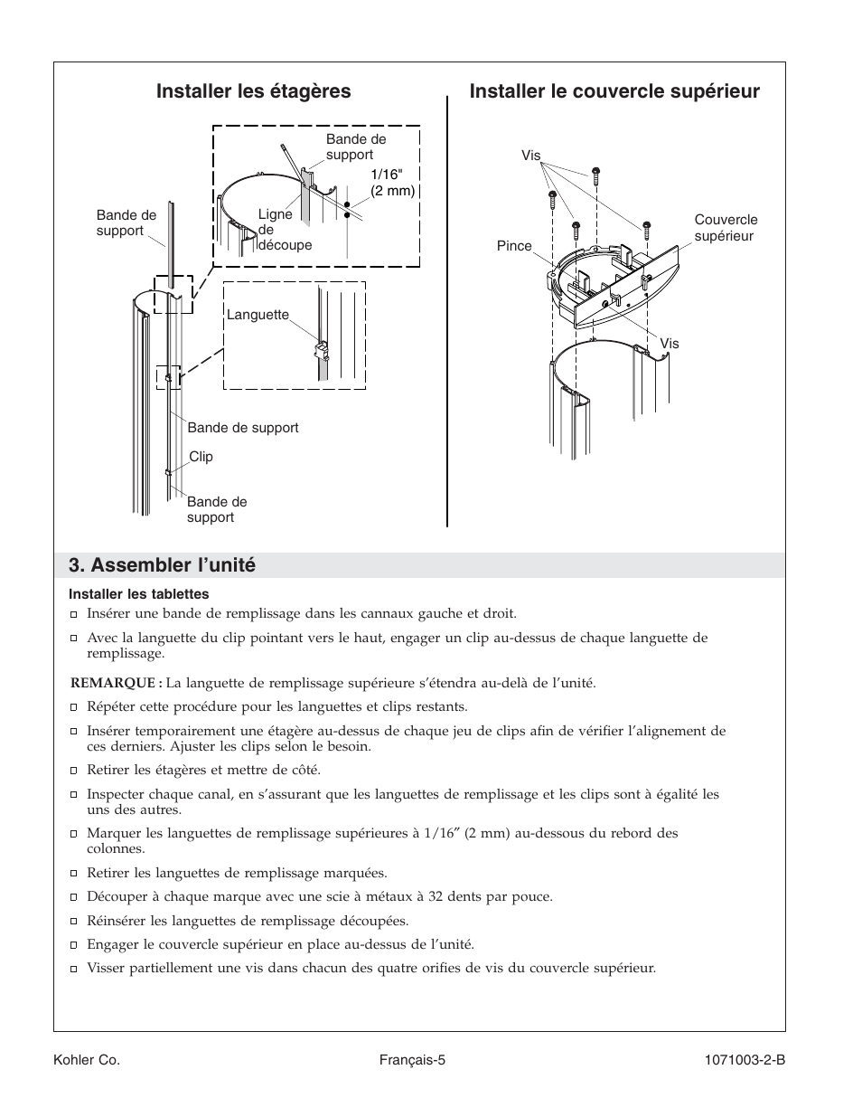 Assembler l’unité | Kohler 1071003-2-B User Manual | Page 13 / 28