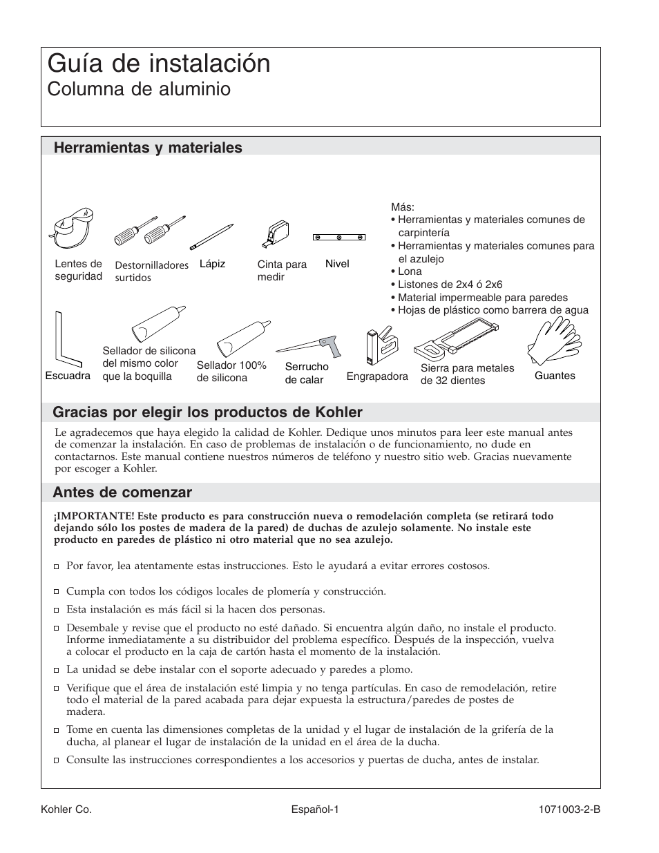 Guía de instalación, Columna de aluminio, Antes de comenzar | Kohler 1071003-2-B User Manual | Page 17 / 28