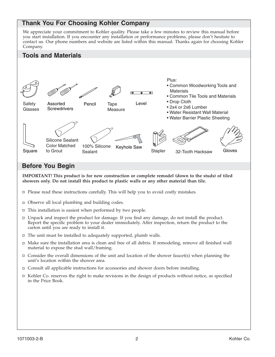 Tools and materials before you begin | Kohler 1071003-2-B User Manual | Page 2 / 28