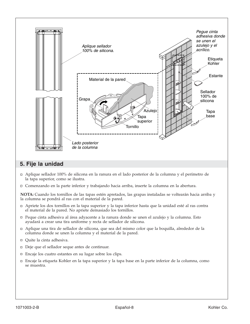 Fije la unidad | Kohler 1071003-2-B User Manual | Page 24 / 28