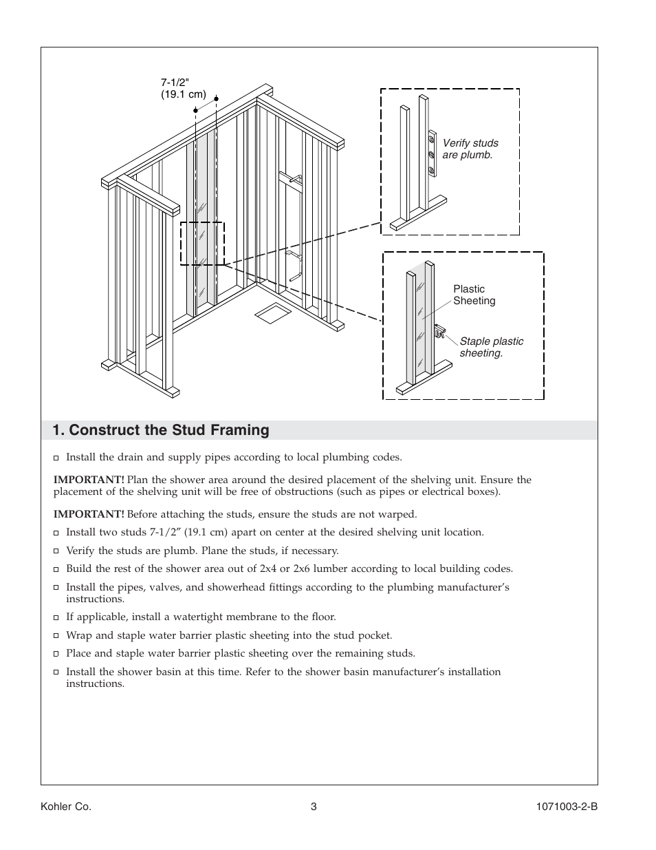 Construct the stud framing | Kohler 1071003-2-B User Manual | Page 3 / 28
