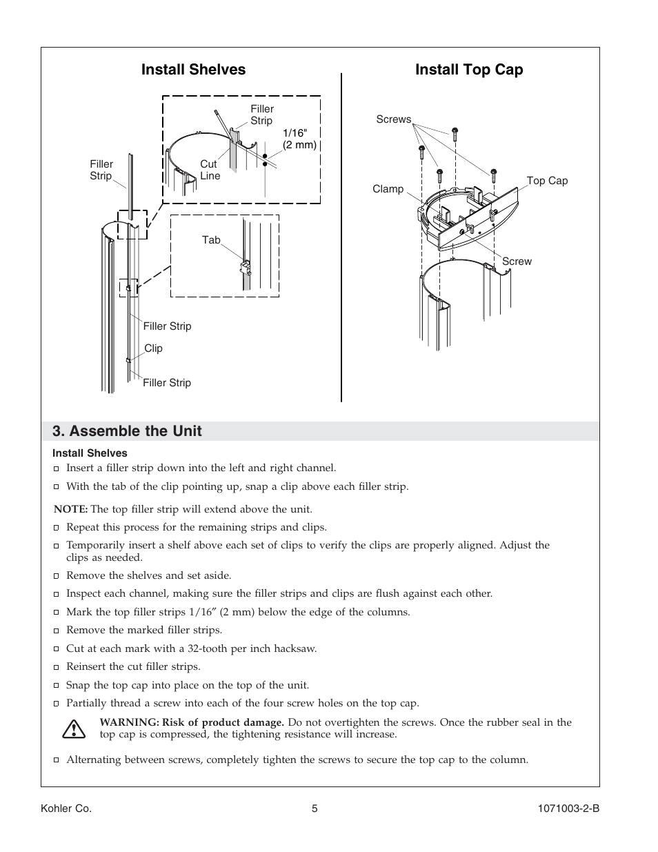 Assemble the unit, Install shelves install top cap | Kohler 1071003-2-B User Manual | Page 5 / 28
