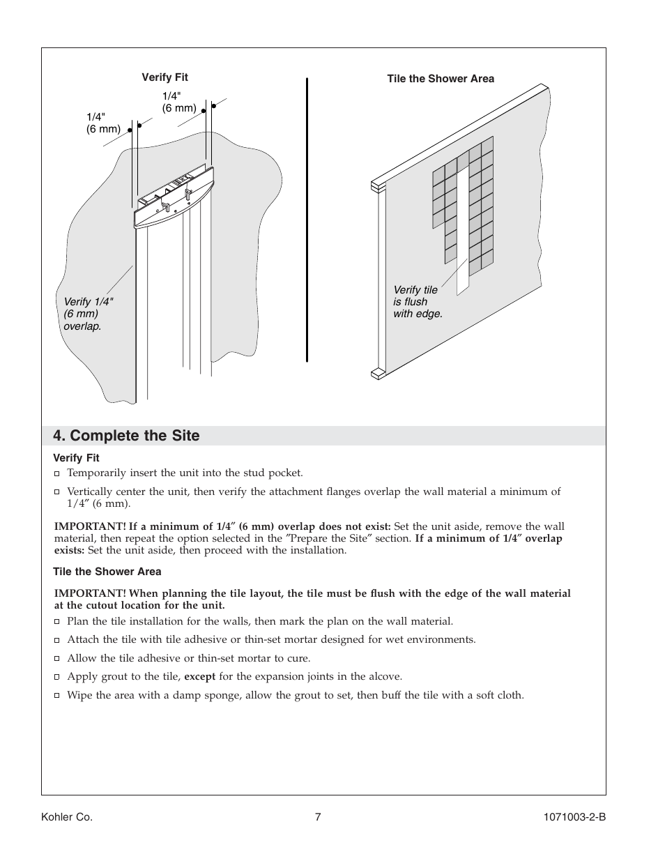Complete the site | Kohler 1071003-2-B User Manual | Page 7 / 28