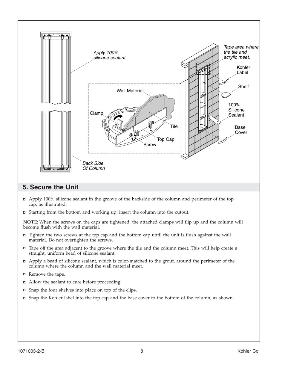 Secure the unit | Kohler 1071003-2-B User Manual | Page 8 / 28