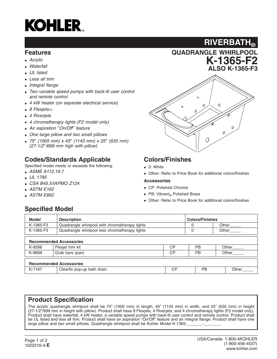 Kohler RiverBath Quadrangle K-1365-F3 User Manual | 2 pages