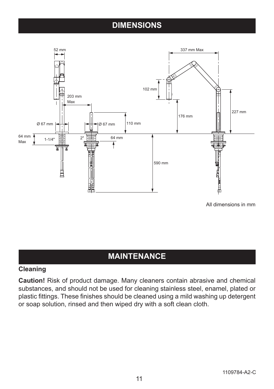 Dimensions, Maintenance | Kohler Karbon Kitchen Sink Tap K-6227A User Manual | Page 11 / 12