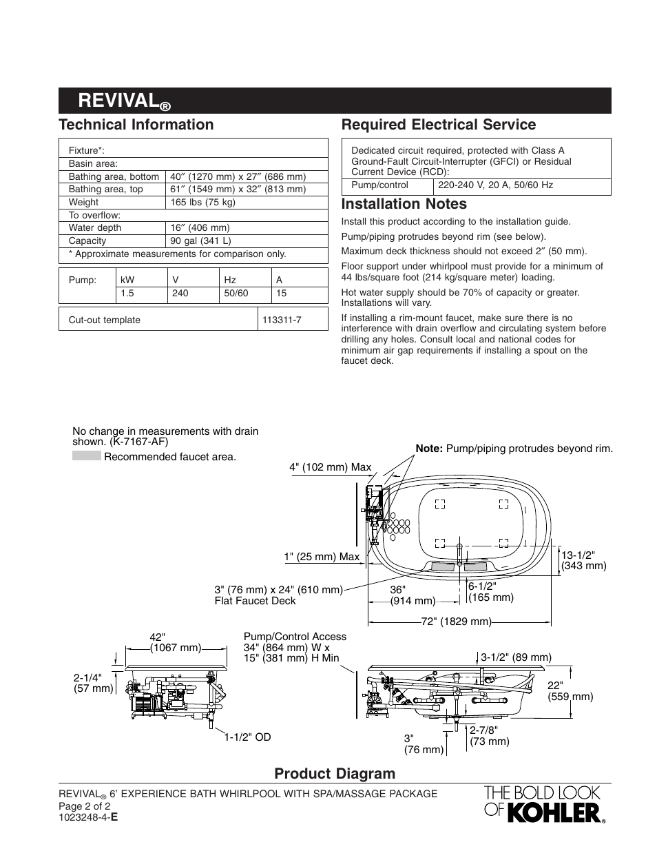Revival, Technical information, Required electrical service | Product diagram | Kohler 6' Experience Bath Whirlpool K-1375-L User Manual | Page 2 / 2