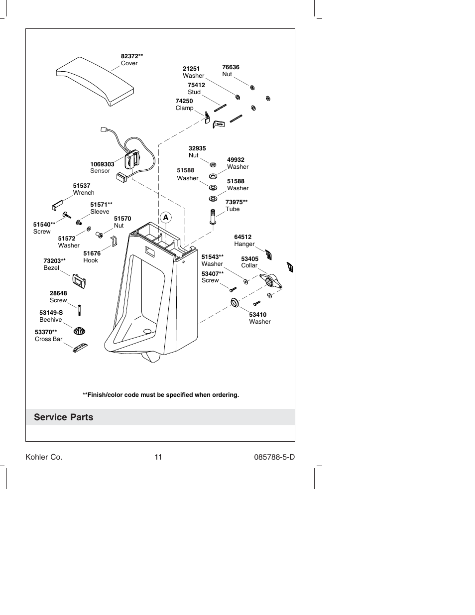 Service parts | Kohler Touchless Urinal K4915 User Manual | Page 11 / 40