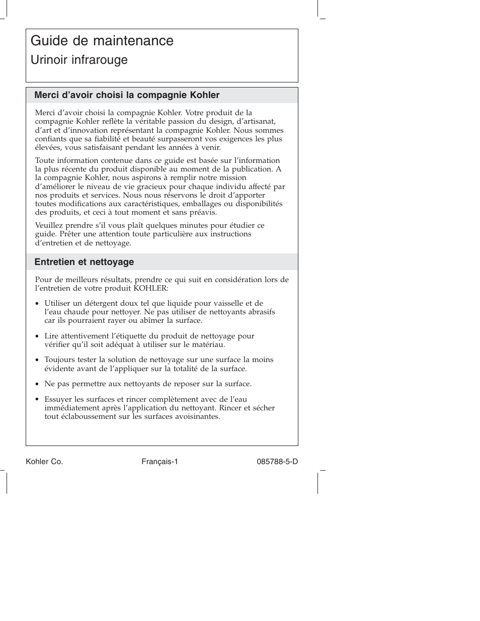 Guide de maintenance, Urinoir infrarouge | Kohler Touchless Urinal K4915 User Manual | Page 13 / 40