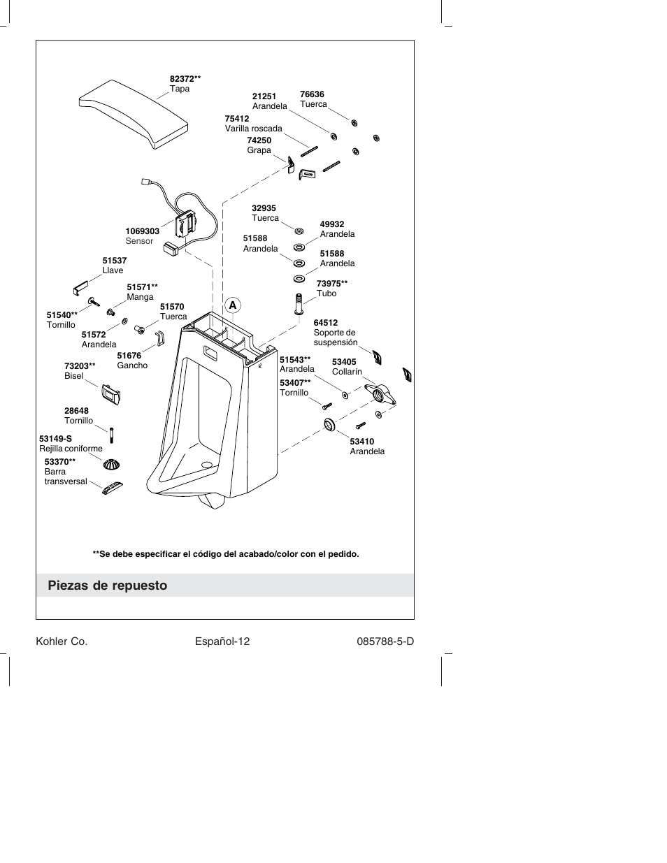 Piezas de repuesto | Kohler Touchless Urinal K4915 User Manual | Page 35 / 40