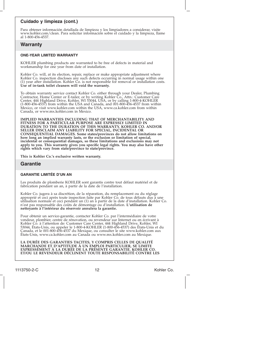 Warranty, Garantie | Kohler Closing Overow Cable Bath Drain K-7116 User Manual | Page 12 / 16