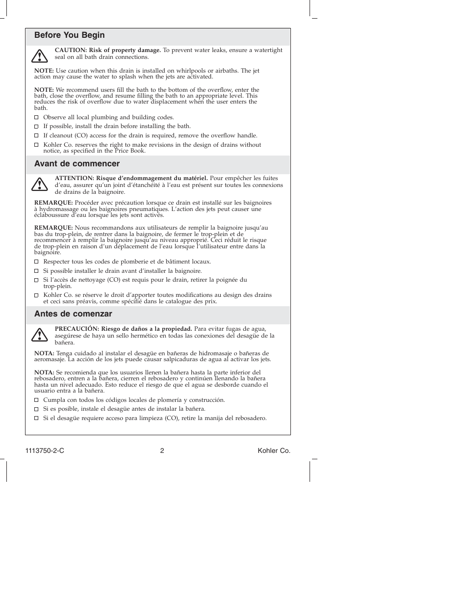 Before you begin, Avant de commencer, Antes de comenzar | Kohler Closing Overow Cable Bath Drain K-7116 User Manual | Page 2 / 16