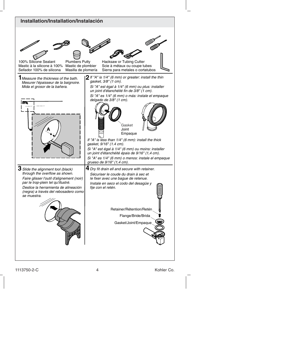 Kohler Closing Overow Cable Bath Drain K-7116 User Manual | Page 4 / 16