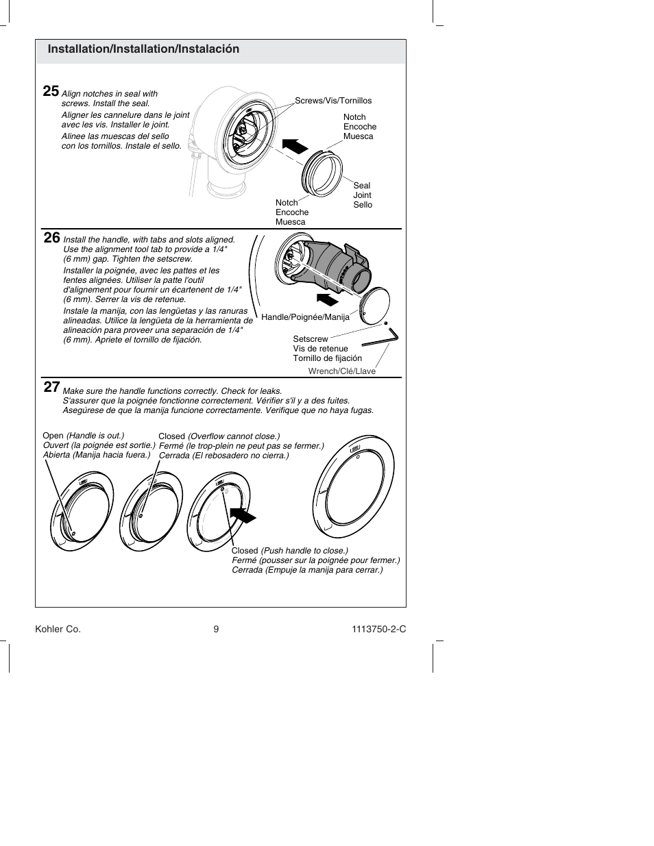 Installation/installation/instalación | Kohler Closing Overow Cable Bath Drain K-7116 User Manual | Page 9 / 16