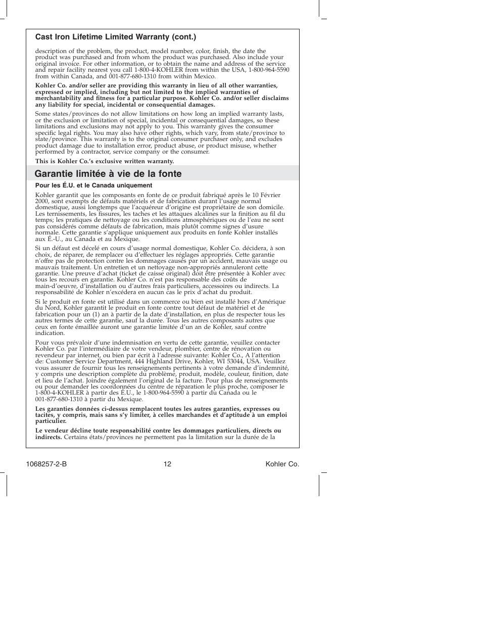 Garantie limitée à vie de la fonte | Kohler K-2211 User Manual | Page 12 / 16