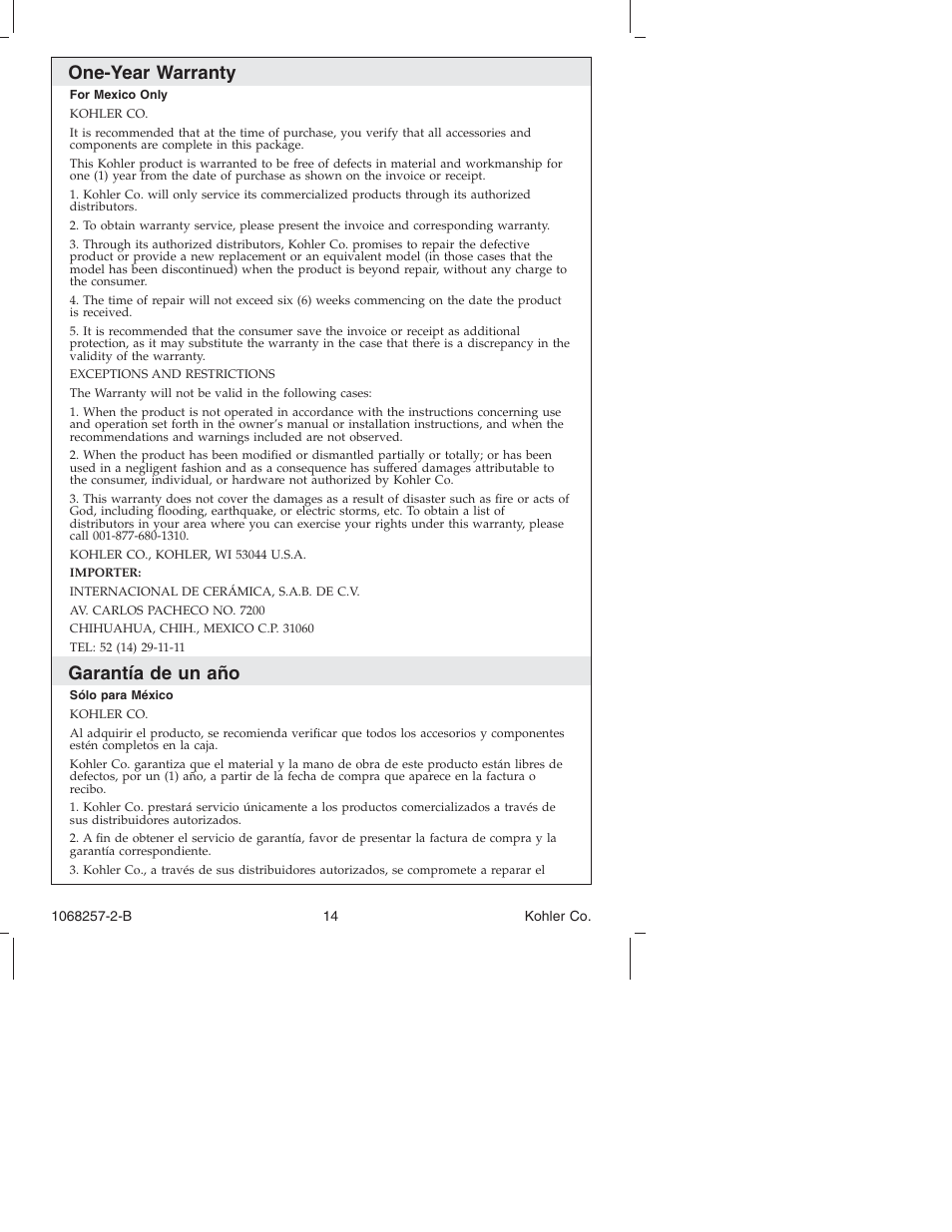 One-year warranty, Garantía de un año | Kohler K-2211 User Manual | Page 14 / 16