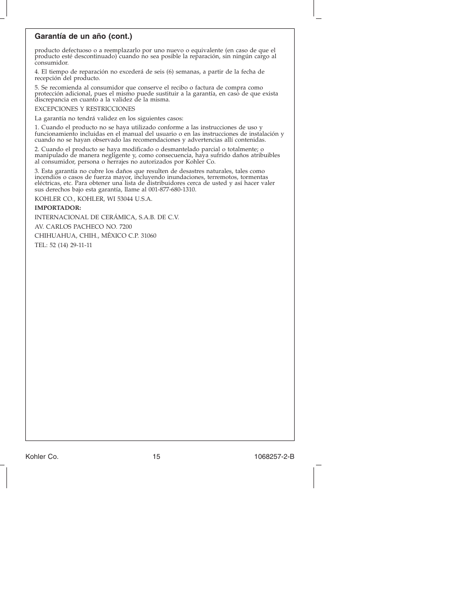 Kohler K-2211 User Manual | Page 15 / 16