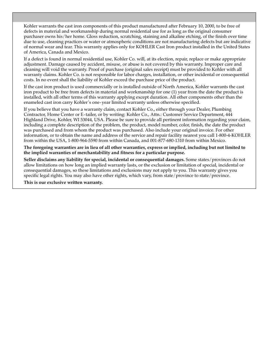 Lifetime limited warranty -- usa and canada | Kohler Bath Whirlpool K-870 User Manual | Page 8 / 20