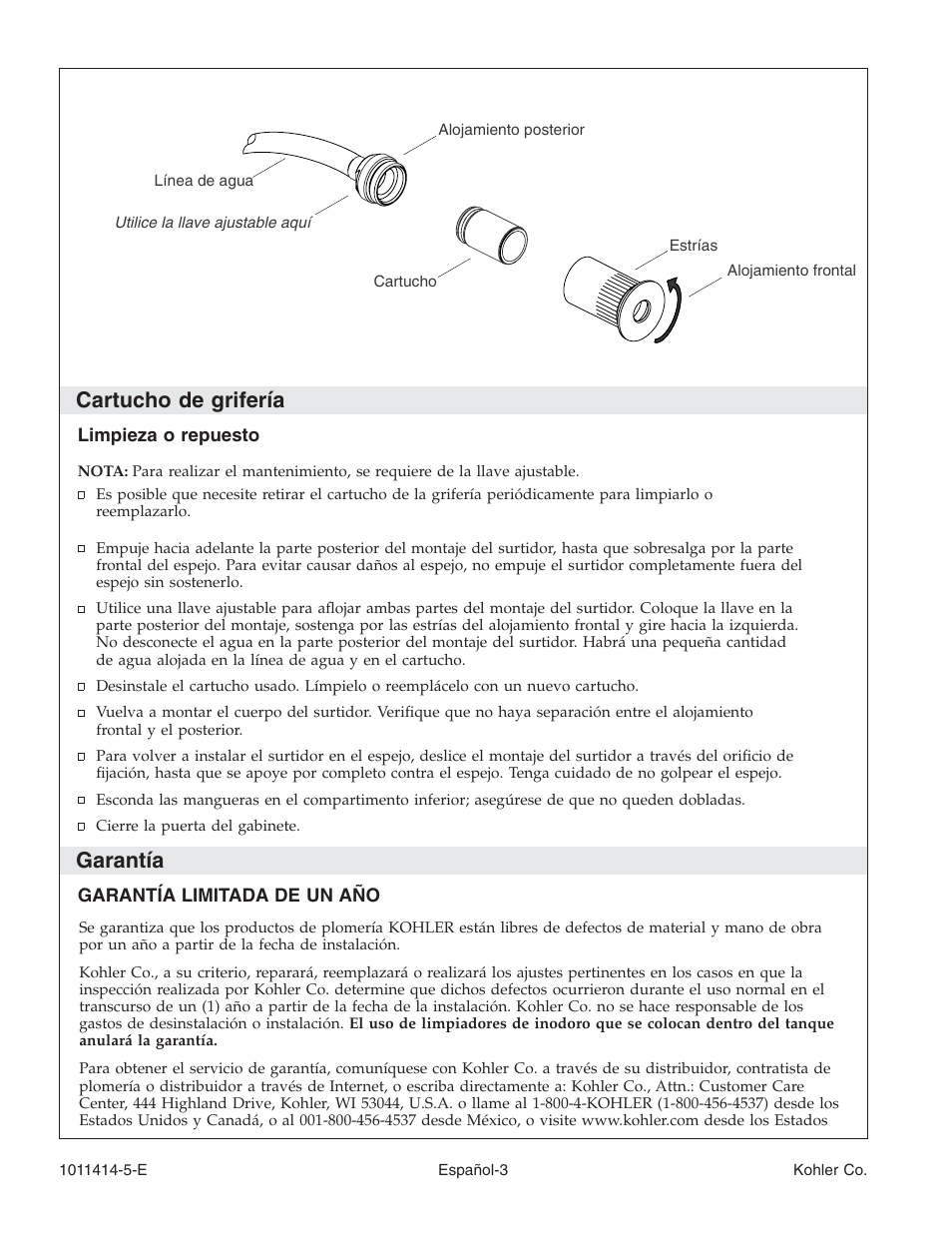 Cartucho de grifería, Garantía | Kohler K-3093 User Manual | Page 14 / 20