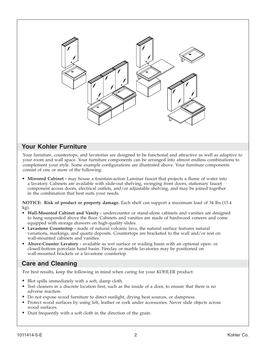 Your kohler furniture, Care and cleaning | Kohler K-3093 User Manual | Page 2 / 20