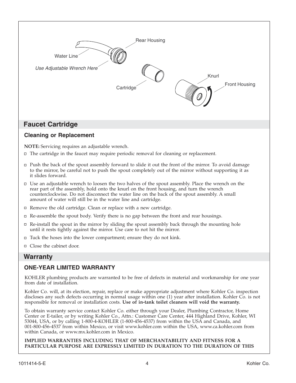 Faucet cartridge, Warranty | Kohler K-3093 User Manual | Page 4 / 20