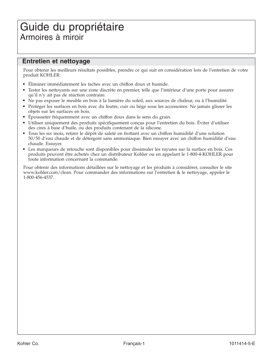 Guide du propriétaire, Armoires à miroir, Entretien et nettoyage | Kohler K-3093 User Manual | Page 7 / 20