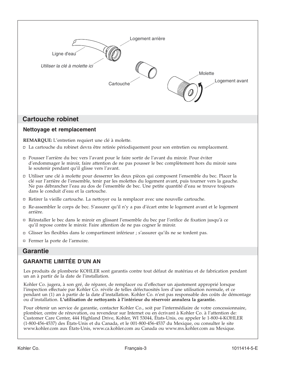 Cartouche robinet, Garantie | Kohler K-3093 User Manual | Page 9 / 20