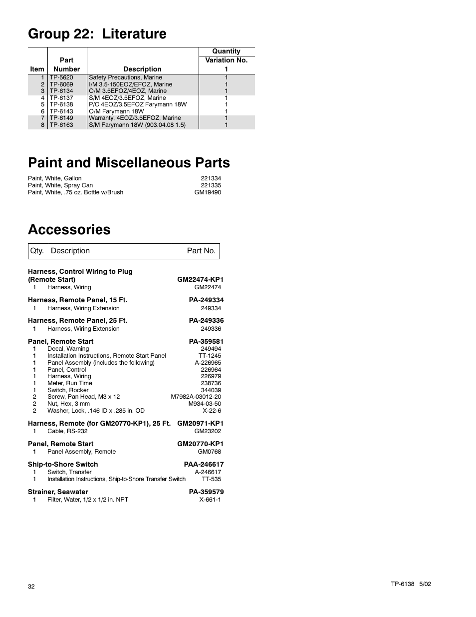 Group 22: literature, Paint and miscellaneous parts, Accessories | Kohler 4EOZ User Manual | Page 34 / 44