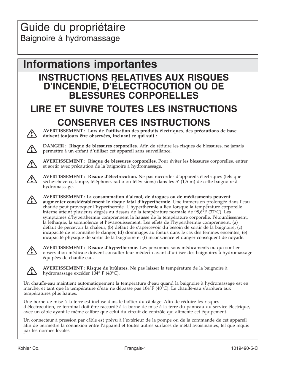 Guide du propriétaire, Informations importantes, Baignoire à hydromassage | Kohler Bath Whirlpool K-812-N1 User Manual | Page 19 / 56