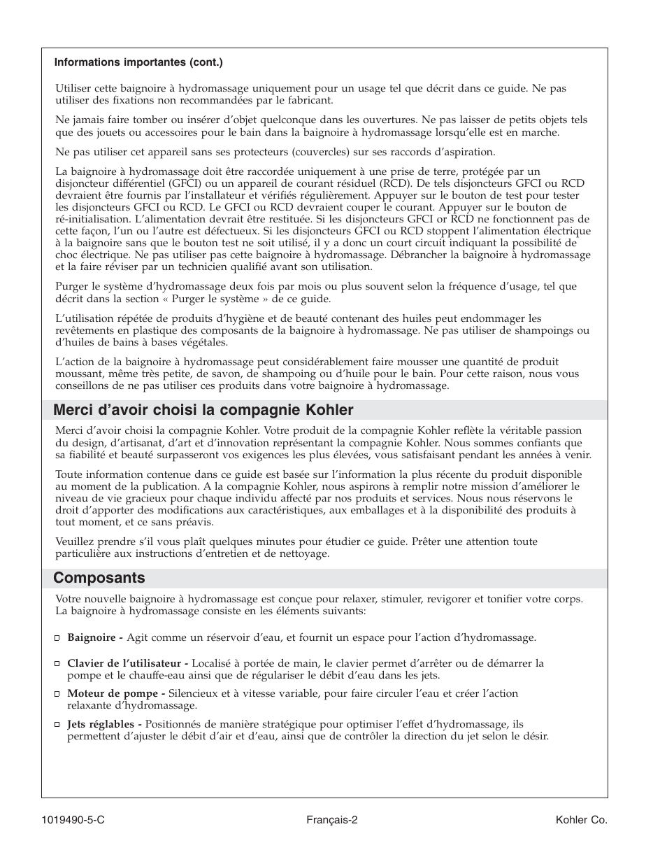 Merci d’avoir choisi la compagnie kohler, Composants | Kohler Bath Whirlpool K-812-N1 User Manual | Page 20 / 56