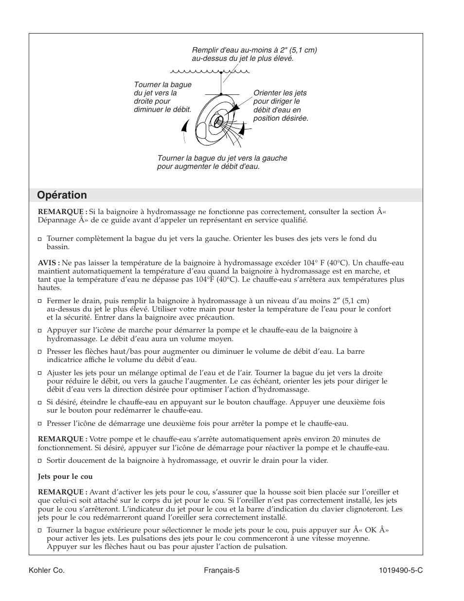 Opération | Kohler Bath Whirlpool K-812-N1 User Manual | Page 23 / 56