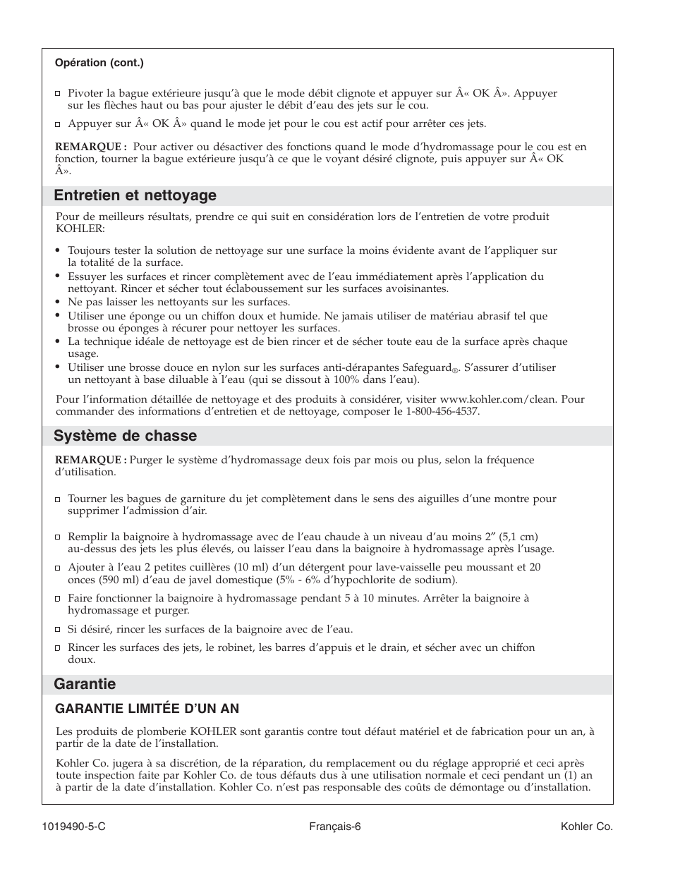 Entretien et nettoyage, Système de chasse, Garantie | Kohler Bath Whirlpool K-812-N1 User Manual | Page 24 / 56