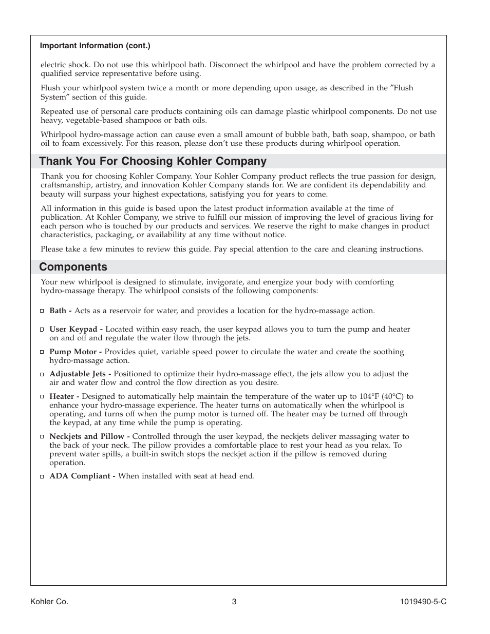 Components | Kohler Bath Whirlpool K-812-N1 User Manual | Page 3 / 56