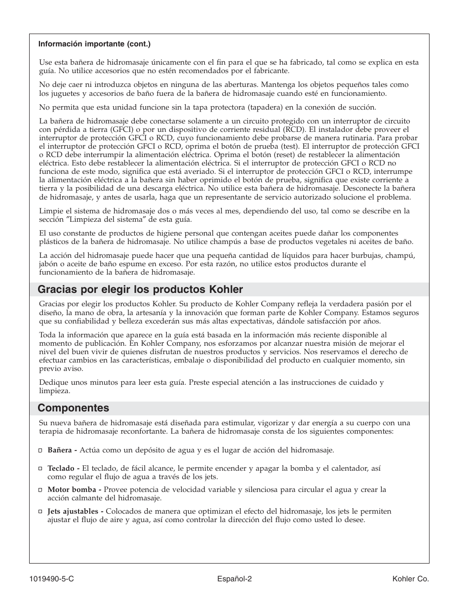 Gracias por elegir los productos kohler, Componentes | Kohler Bath Whirlpool K-812-N1 User Manual | Page 38 / 56