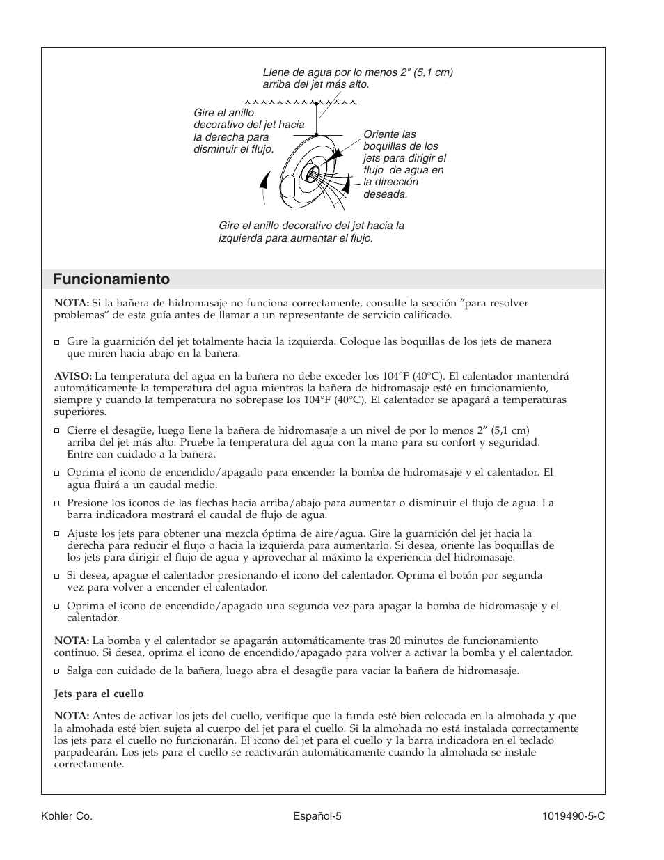 Funcionamiento | Kohler Bath Whirlpool K-812-N1 User Manual | Page 41 / 56
