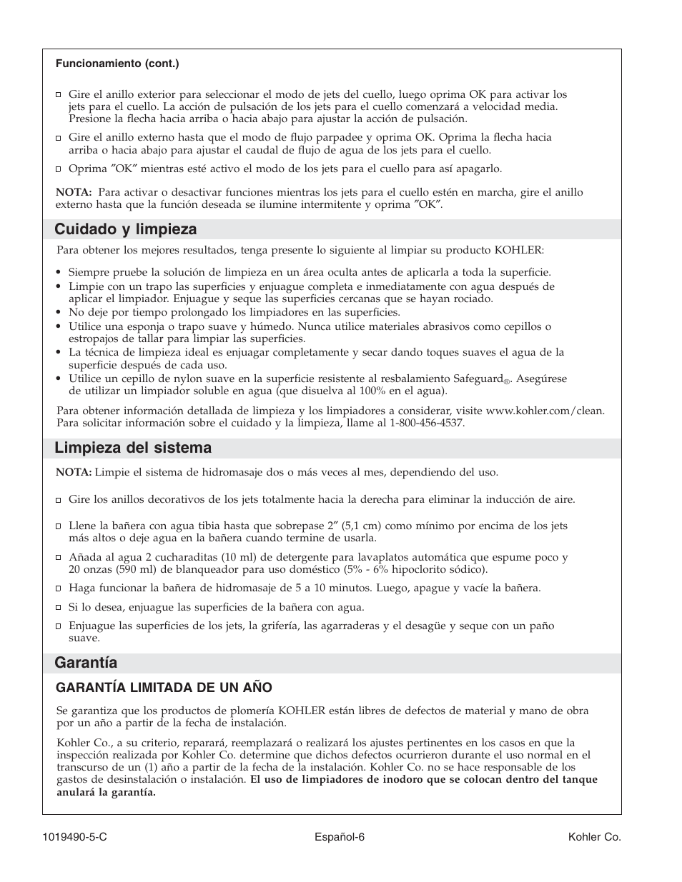 Cuidado y limpieza, Limpieza del sistema, Garantía | Kohler Bath Whirlpool K-812-N1 User Manual | Page 42 / 56