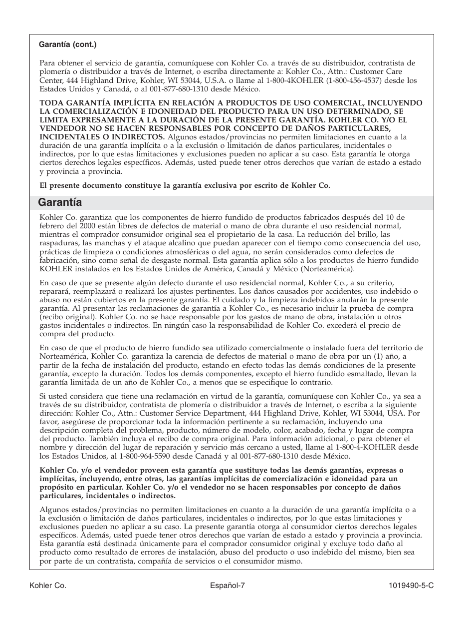 Garantía | Kohler Bath Whirlpool K-812-N1 User Manual | Page 43 / 56